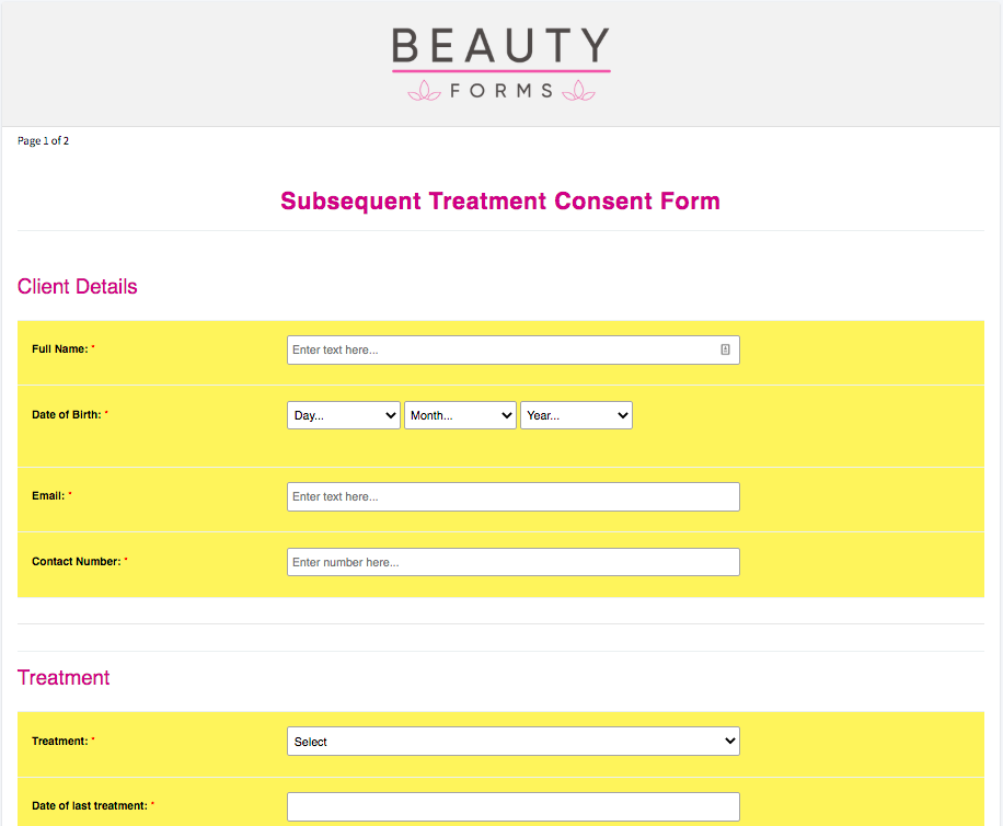 Beauty Subsequent Treatment Consent Form
