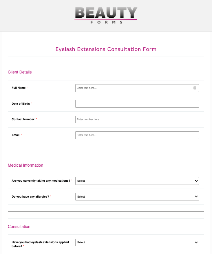 Eyelash Extensions Consultation Form