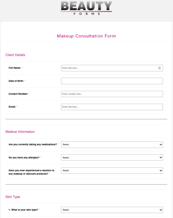Makeup Consultation Form Online Form Templates PDFs