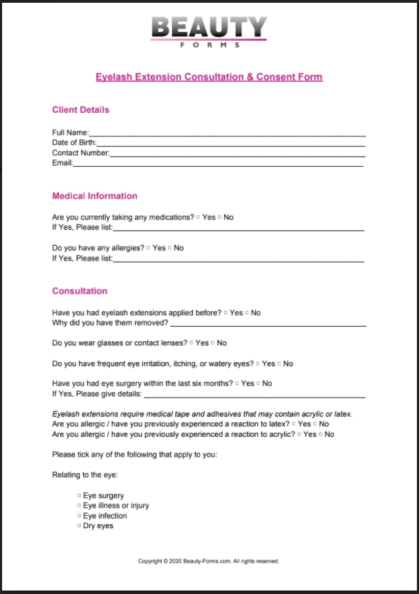 Eye Lash Extensions Consent PDF Free Printable PDF Download