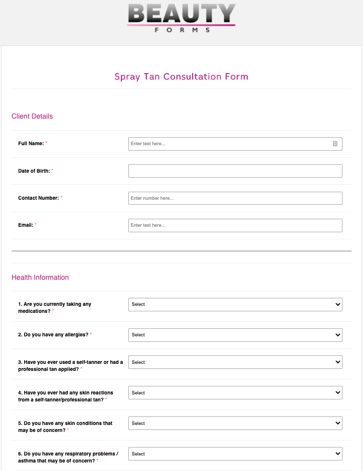 Spray Tan Consultation Form