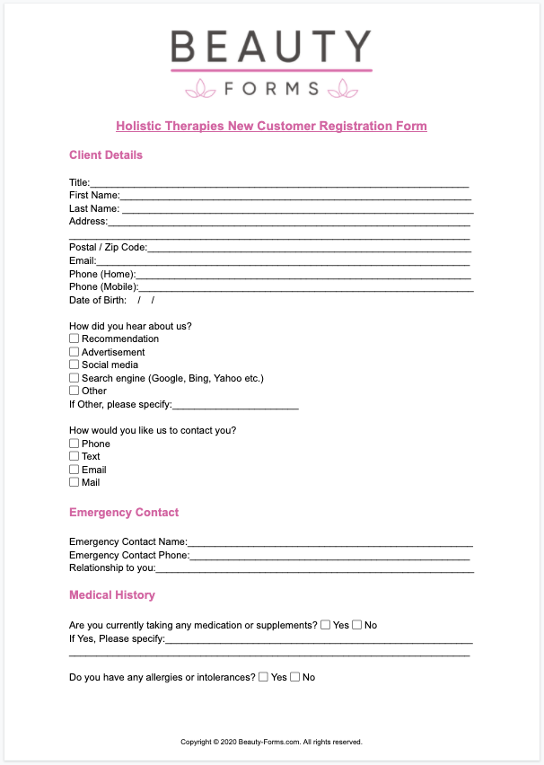 Holistic Therapies New Customer Registration PDF​